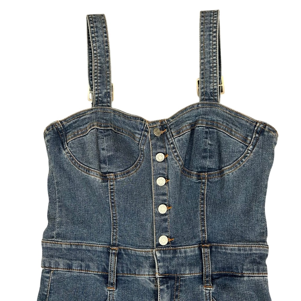 VTG GUESS Y2K Denim Jumpsuit Bustier Sweetheart Overalls Skinny Blue Jean Sz 28 - Picture 2 of 9
